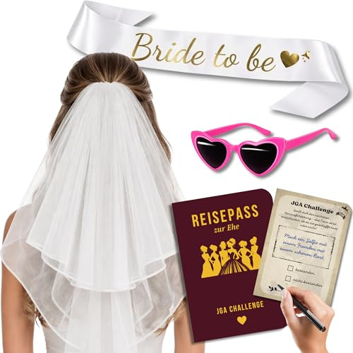 EQUIK PRODUCTS Junggesellinnenabschied Frauen – JGA Accessoires Set Braut mit Schleier, Bride to Be Schärpe & Herz Sonnenbrille | JGA Spiele, Aufgabenkarten & Erinnerungsbuch | Team Bride Deko