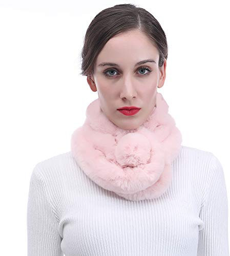 Lina & Lily Damen Schal Winterschal Pelzkragen mit Bommel aus Kunstpelz (Hellrosa)