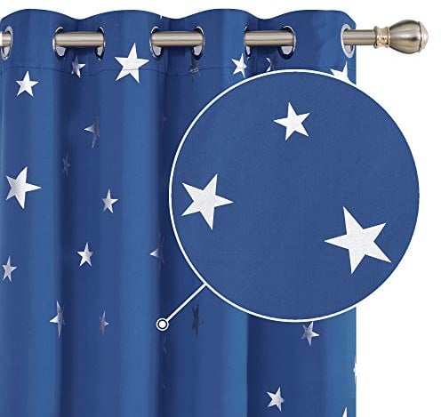 Deconovo Home Decoration Star Foil Printed Blackout Curtains Energy Saving Thermal Insulated Eyelet Room Darkening Curtains for Doors 66 x 54 Inch Blue 2 Panels