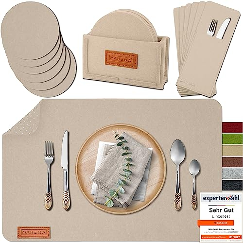 MAHEWA® 6er Set Premium Filz Tischset Platzset mit 6X Glasuntersetzer 1x Halter und 6X Bestecktaschen rutschfest Ab-waschbar Creme-Beige Hellbraun