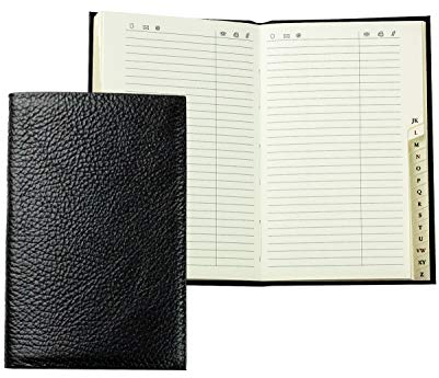 DELMON VARONE - Personalisierbares Adressbuch DIN A7 gebunden mit A-Z Register Soft Grain Premium Leder schwarz, Mini Taschen Telefonbuch im Hardcover Einband & alphabetischem Telefonregister