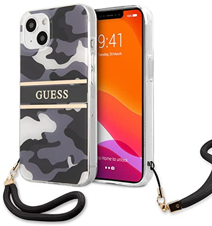 CG MOBILE Guess Phone iPhone 13 Black Camouflage Stripe Hard Case Cover with Nylon Strap