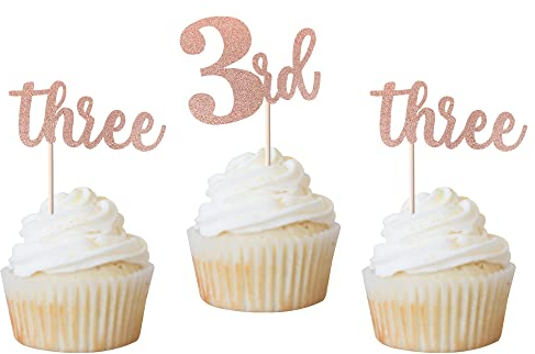 Xsstarmi 24 Pack Rose Gold 3rd Birthday Cupcake Toppers Glitter Number Three 3rd Birthday Cupcake Picks for Baby Shower Kid's Third Birthday Party Anniversary Wedding Party Cake Decorations Supplies