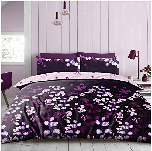 GC GAVENO CAVAILIA Easy Care Leaf Duvet Cover King Size, Super Soft Floral Bedding, Reversible Flowery Quilt Covers With Fitted Sheet & Pillowcases, Purple