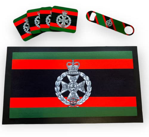 ShopQuality4U RGJ Royal Green Jackets Bar Runner Mat, Matching Bottle Opener & 4x Drinks Coasters, Metal sign Gift Set | Beer Gifts Home Bar Accessories for Pub Bars Man Cave Him Her