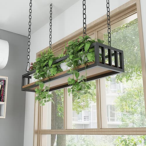 Deckenregal Hängend Decken-Hängeregal Schwebendes Lagerregal für Pflanzen Blumen Massivholz-Eisen-Dekorationsregale für Küchenbar-Balkon-Wand-Präsentationsregal, mit Leitplanke schweberegale
