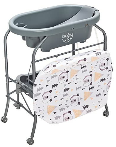 GOPLUS Baignoire Pliable Bébé, Baignoire Bebe sur Pied, avec Panier de Rangement et Roues Verrouillables, Charge 35 KG, 4 en 1 Table a Langer avec Baignoire pour 0-12 Mois (Gris Foncé)