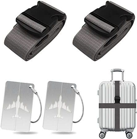 Koffergurt Kofferanhänger Set, 2 Stück gepäckband mit 2 Stück Gepäckanhänger Set, Kofferband Gurt Personalisierte Identifikation für Schnell erkennen Gepäck Reisetasche Koffer (grau)