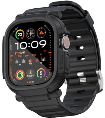 elkson Made for Apple Watch Ultra 2/1 Band Case 49mm Screen Protector Tempered Glass, Quattro Pro Series Rugged for iWatch Bumper Strap, Military Grade Durable Protective Cover, Shock Proof, Black