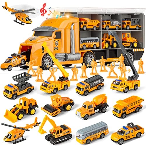 25 in 1 Die-cast Pull Back Construction Truck Vehicle Toys for 3-7Year Old Boy, Sounds and Lights in Large Carrier Truck, Age3+ Kids Child Boy Toy Cars Birthday Gifts
