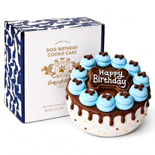 Thoughtfully Pets Hunde Geburtstag Keks-Kuchen - Erdnussbutter-Geschmack - Happy Birthday Kuchen für Hunde - Geburtstagskuchen mit Zuckerguss und Streusel dekoriert - Blau, ca. 15 cm