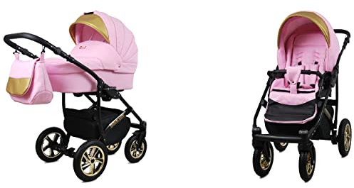 BabyLux Gold Lux 2-in-1 Baby Kinderwagen Tief und Kinderwagen mit Zubehör Verstellbar und faltbar Aluminium Konstruktion Wasserdicht Nicht abnehmbare Räder Light Pink Black Frame