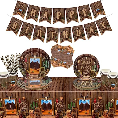 Hegbolke Cowboy Party Decorations - Western Decorations Including Plates, Napkins, Tablecloth, Cups, Banner for Cow Print Party Supplies - Serves 20