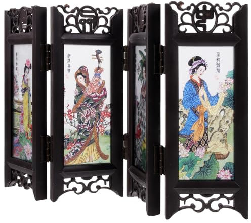 Gogogmee Petit paravent pliable de style chinois antique avec quatre motifs en résine Décoration de bureau Feng Shui Ornements pour bureau, dortoir, studio