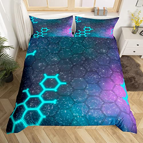 feelingyou Honeycomb Galaxy Bettbezug S Größe, Sterne Blau Lila Nebel Universum Tröster Abdeckung Set für Kinder Jungen Mädchen, Neon Hexagon Bettwäsche Quilt Cover Schlafzimmer Dekor, 2-Stücke