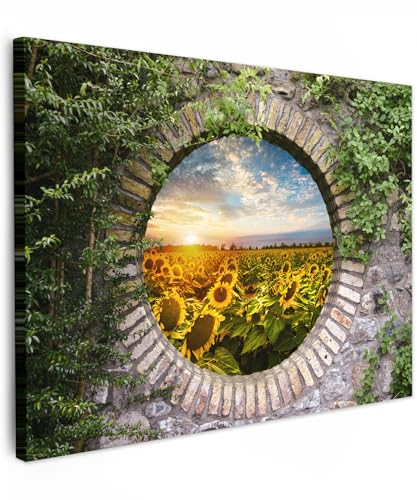 MuchoWow© Leinwand Bilder 80x60 cm Wanddeko Wohnzimmer Aesthetic Room Decor Deko Zimmer Wandbilder Modern Fotogeschenke Sonnenblumen - Fensterblick - Blumen - Sonne