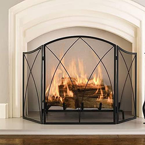 Fireplace guard Fireplace Screen 3 Panel Wrought Iron Safety Mesh Gate Metal 31in Tall - Folding Large Fireplace Gates Arched Design, Black Decoration