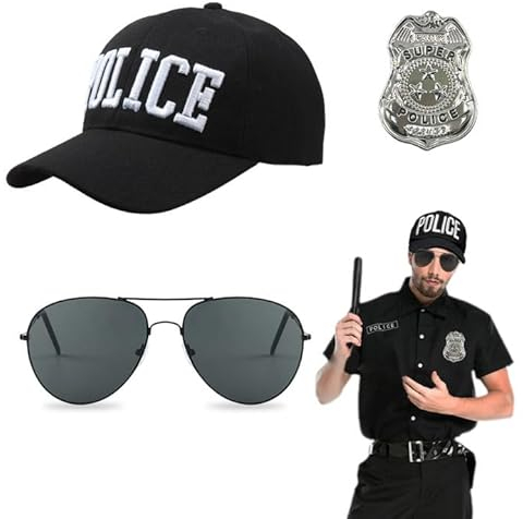 EUPSIIU 3 Stück Polizei Kostüm Set mit Polizei Hut Sonnenbrille Polizist Abzeichen, Polizei Käppi Kappe Polizei Cap Polizeimütze Detective Cop Swat Rollenspiel Zubehör Halloween Party Dress up (3PCS)