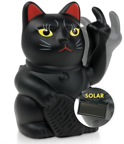 ANGRY CAT - Mini Gato Anguloso Lucky Solar Accionado Divertido Saludando - Japonés con Dedo Apestoso - Artículo Decorativo Figura - Brazo Anguloso con Dedo Medio - 10 cm - Negro