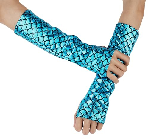 XIHIRCD Meerjungfrau Armstulpen, 29,5cm Lang Blau Glitzernd Fingerlose Handschuhe für Erwachsene Fischschuppen Handschuhe für Damen Mädchen Mottoparty Karneval Meerjungfrau Kostüm Halloween Cosplay