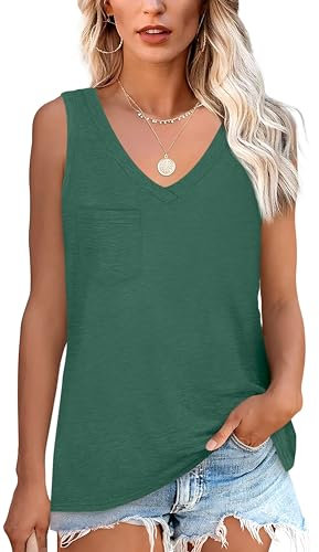 NONSAR Camiseta básica de verano sin mangas para mujer. Camiseta elástica con cuello en V y bolsillo, camiseta interior cómoda de estilo informal, verde, M