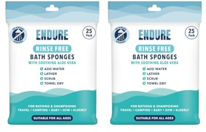 Endure Rinse Free Bath Shower Sponge - Body Wash Wipes for Bathing - Perfect for Camping, Festivals, Gym & Travel - Dry Wipes with Gentle Cleansing Soap. Just add Water. Twin Pack (25 Per Pack)