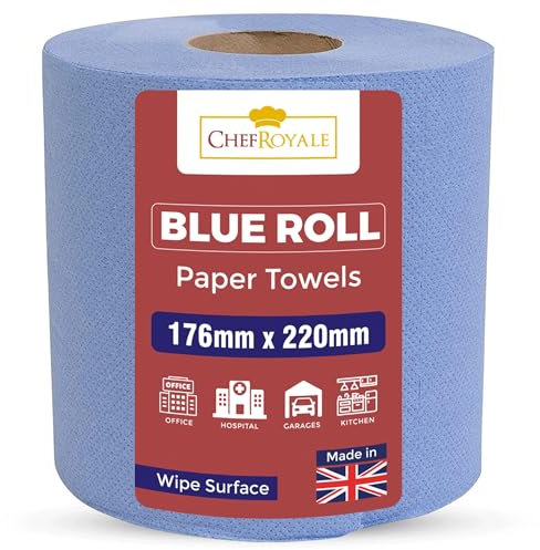 Chef Royale Lot de 4 rouleaux de papier essuie-tout multifonction à dévidage central pour la maison, le bureau, l'entrepôt, la salle de bain, le garage, la cuisine (bleu)