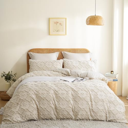 Freyamy Getuftet Bettwäsche 135x200 Vintage,Boho Bettwäsche Sets 2tlg,Chic Geometrische Wendebettwäsche Beige,Bohemien Pinch Wende Bettwäsche Tufting Romantisch Bettwäsche mit Kissenbezüge 80x80cm