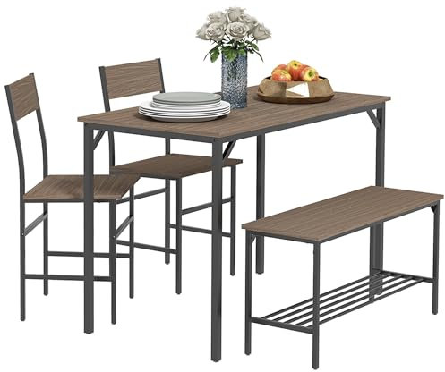HOMCOM 4 Piece Dining Table and Chairs Set, Industrial Kitchen Table Set of 4 with 2 Chairs and Bench, Space Saving Table and Chairs with Shelf for Small Spaces, Grey