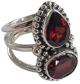 Navya Craft Granatstein Ring - Handgefertigter 925er Sterling Silber Statement-Ring für Frauen | Doppeltes Edelstein-Schmuckstück - Versprechensring - Ideales Geschenk für sie (49 (15.6))