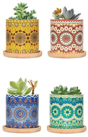 Set 4 Pezzi Vasi In Ceramica Con Decorazioni Fiori Piante Grasse Con Sotto Vaso In Bambù Foro Centrale Vasetti Cactus Decorazione Interno Esterno Con Foro Scarico Contenitore - 8Mandala