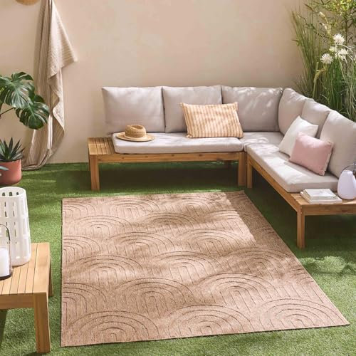 Nazar Tapis Salon Santorini, Interieur Exterieur, Moderne, Blanc, Beige, Gris, Noir, Turquoise, Jaune, Rose, Motif Relief, Poils Court et Doux (985 Beige, 80x150 cm)