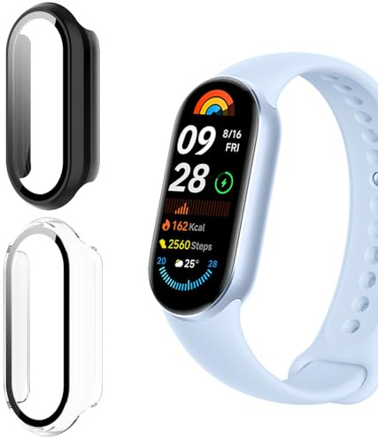 Holilo 2 Stück Hülle Mit Gehärtetes Glas Displayschutz für Xiaomi Smart Band 9 Rundum Schutzhülle,Vollständige Abdeckung Schutzhülle Ultradünne Kratzfest Schutz Case-Schwarz+Transparent