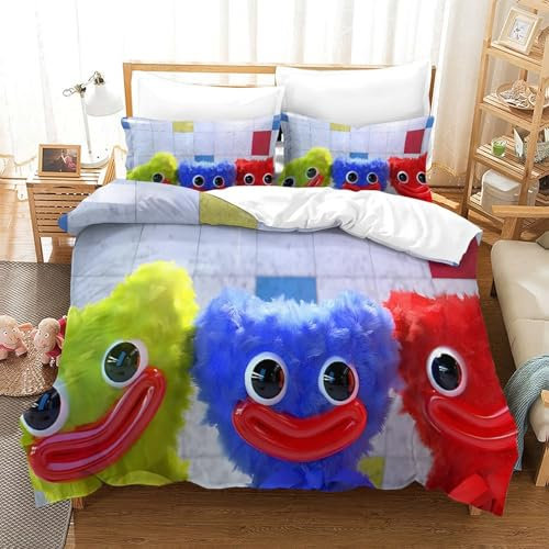 Poppy Playtime 3D Gedruckter Horror Games Cartoon Bettwäschegarnitur Mädchen Junge Kinder Bettbezug Set Bettwäsche Und Kissenbezüge Reissverschluss Weich Microfaser 3 Teilig Single(140x200cm)