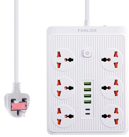 FANLIDE Universal Eextension Lead with usb c slots, 3M Long Cord, 6 Way Outlets, 6 USB Ports, 3250W Power Strip Universal Socket, Multi Plug Extension Sockets with on off switch