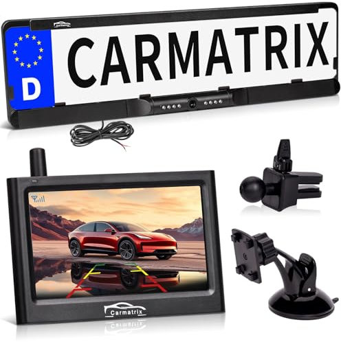 CARMATRIX Funk Auto KFZ Rückfahrkamera kabellos Nummernschild 4,3 Monitor Rückfahrsystem mit IR Nachtsicht im Kennzeichenhalter Digital zum Nachrüsten, wasserdicht Einparkhilfe ohne Solar (Kabel 1)
