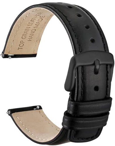 WOCCI 22mm Uhrenarmband für Herren und Damen, Echtes Leder - Top Genarbtes Leder, Schnellverschluss, Schwarze Schnalle (Schwarz)