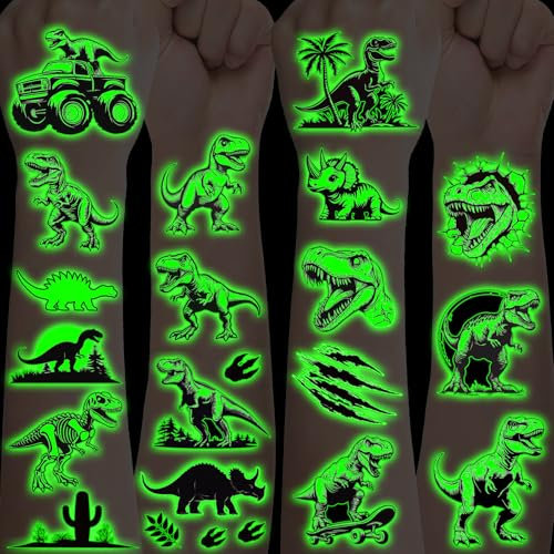 Dino Tattoos für Kinder,10 Blätter Leucht Dinosaurier Kindertattoos Hautfreundlich Set Schwarz Tattoos Zum Aufkleben,Mitgebsel Kindergeburtstag Geschenke Party Deko Dinosaurier Spielzeug Tattoo kinder