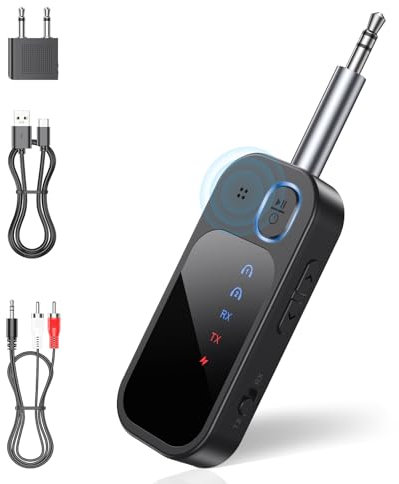 Airplane Bluetooth 5.4 Adapter, 2 in 1 Wireless Aux Bluetooth Transmitter Receiver, Support 2 Air-pods & TF Card, Mic for Calls, 3.5mm AUX Jack Wireless Audio Adapter for Planes, Airline, Travel, TV