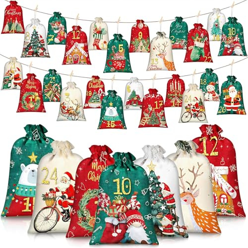 24 Zugbeutel, Weihnachts-Countdown-Hänge-Beutel, Weihnachts-Countdown-Kalender-Beutel mit Klammern und Schnüren, geeignet für Weihnachts-Wohnungsdekoration.