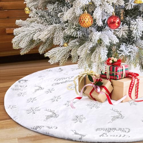 LOMOHOO Weihnachtsbaumdecke Rund 120cm/48inch, Weihnachtsbaum Rock mit Silber Pailletten Schneeflocke, Weiß Plüsch Christbaumdecke Weihnachtsbaum Teppich für Frohe Weihnachten Party Decke Rock Deko