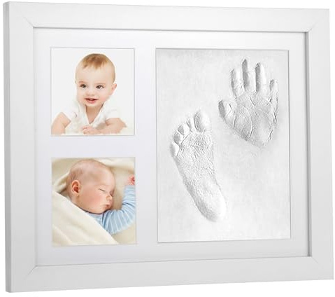 Handprint Footprint Photo Frame Kit, Paw Print Clay Photo Keepsake Set, Solid Wood Display, Includes Paint Set and Tools, DIY Handprint Footprint Memorial, Personalised Present for Anniversary