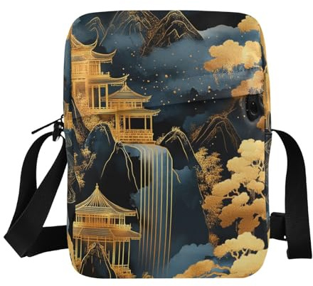 miaozhen Schwarz-goldene chinesische Landschaftskuriertasche, Umhängetasche, Geldbörse, verstellbarer Riemen, für Outdoor-Sport, Outdoor-Sport