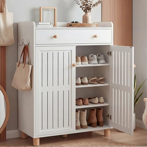 Blisswood Shoe Cabinet with 1 Drawer & 2 Doors Wooden Shoe Storage Cabinet Organizer Cupboard, Modern 4-Tier Shoe Rack with Adjustable Shelves for Living Room, Hallway, Bedroom, 36D x 72W x 97H White