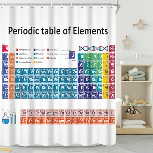 GCIREC Duschvorhang, 180x200cm, Lustiges Periodensystem Wissenschaft Kind Pädagogisch Wasserdichter Stoff Maschinenwaschbarer Badezimmervorhang mit Haken