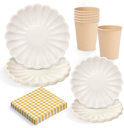 OH YEAH - Set Vajilla Desechable Fiesta 6 Personas - Vasos Cartón 270 cc + Platos Cartón Ø18 y Ø23 cm + Servilletas Papel - Menaje para Cumpleaños y Eventos - FIESTA COLOR FLORAL (Ocre)