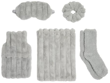 OHS Ribbed Hot Water Bottle Gift Set 5 Piece Womens Gift Sets, Silver Grey | Cosy Gift Set Include 750ml Hot Water Bottle with Faux Fur Cover, Eye Mask, Fluffy Socks, Fluffy Scrunchie, Draw String Bag