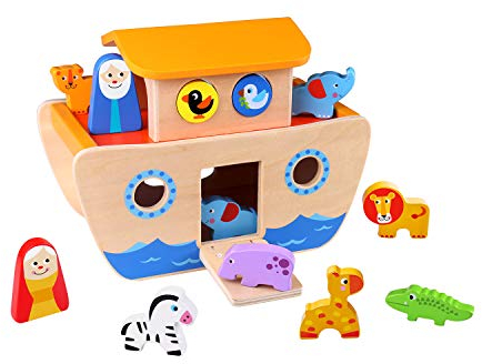 Tooky Toy 921 TKC304 Arche Noah Bunten Tieren Und Bauklötzen-18-Teiliges Holz-Spielzeug Für Kreative Rollenspiele Und Fördert Das Greif-Sowie Denkvermögen Ihres Kindes-Ca. 26 x 19 x 14 cm