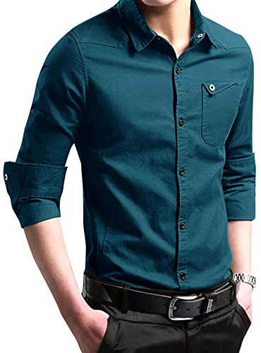 XTAPAN Men's Casual Slim Fit Shirt Cotton Long Sleeve Button Down Dress Shirt, 3#lake Blue, 3XL