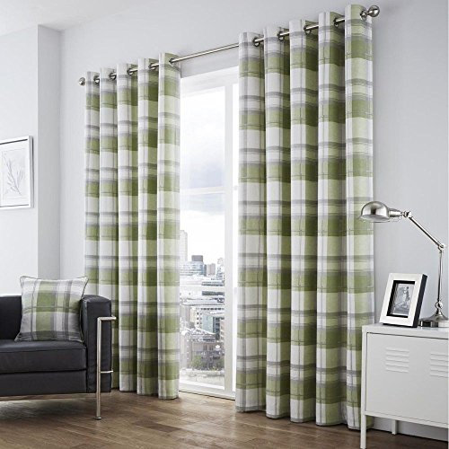 Fusion - Balmoral Check - 100% Cotton Pair of Eyelet Curtains - 66 Width x 54 Drop (168 x 137cm) in Green